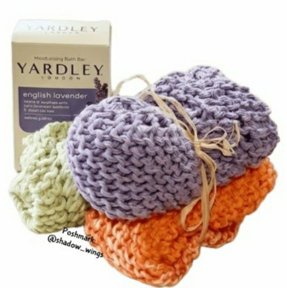 3 Handmade Crochet Washcloths + Lavender Bar Soap / 8" x 8" Soft Knit Cloth